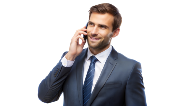 Smiling businessman talking on smartphone, isolated on transparent or white background.