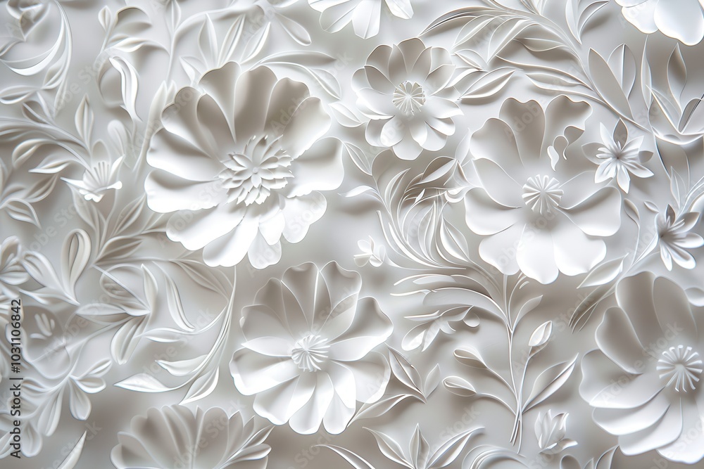 Aufkleber delicate white floral paper art featuring intricate details of various flowers and leaves, creativel