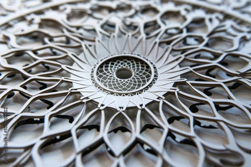 Poster intricate white laser-cut design featuring a spiral pattern, showcasing craftsmanship and attention 
