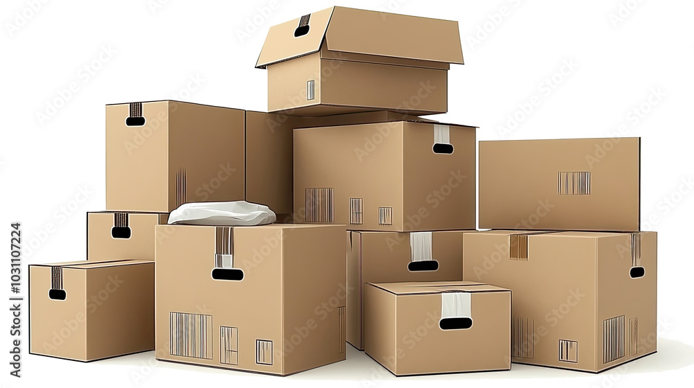 Poster set of assorted cardboard boxes stacked on a white background generative ai