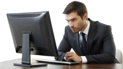 Businessman focused on computer work in a modern office setting. Isolated on transparent or white background.