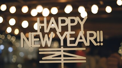 Wooden sign with "Happy New Year!!" text with bokeh lights in background