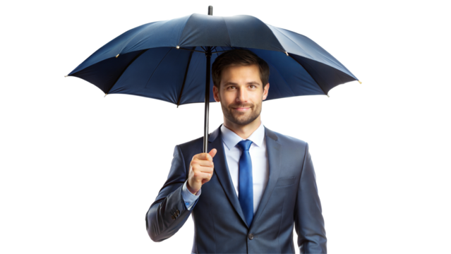 Professional man in suit holding a blue umbrella against transparent or white background. - Powered by Adobe