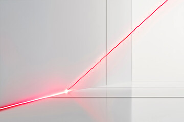 Minimalist red laser line on white wall background.