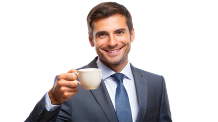 Businessman smiling and holding a coffee cup, isolated on transparent or white background.