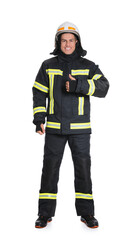 Fototapeta premium Full length portrait of firefighter in uniform and helmet on white background