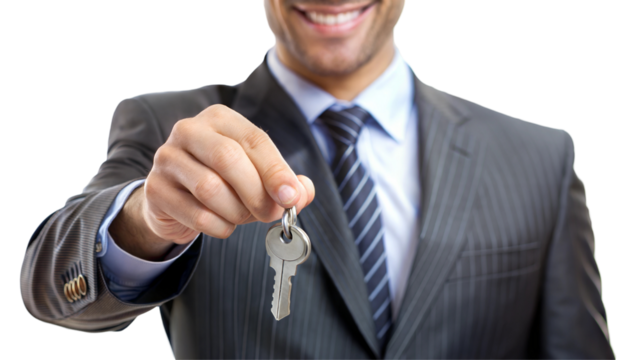 Businessman holding a key with a smile, isolated on transparent or white background.
