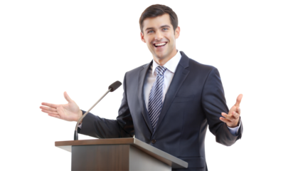 Confident man giving a presentation at a podium with a microphone. Isolated on transparent or white background.