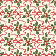 Retro Christmas pattern with holly berries, decorative bows. Nostalgic winter seamless vector design with traditional blend of festive elements, perfect for holiday gift wrap, textiles, prints.
