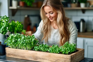 woman seeding microgreens in wooden box