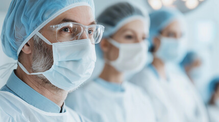 Fototapeta premium Surgeon and surgical team preparing for an operation in the operating room, demonstrating teamwork and focusphoto