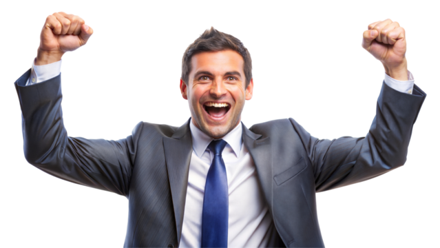 Excited businessman celebrating success with raised fists, isolated on transparent or white background.
