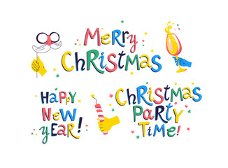 Festive Holiday Messages Bright, colorful set of cheerful Christmas and New Year greetings