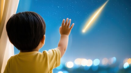 Child reaching for a shooting star in a starlit night sky, AI