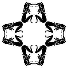 Geometrical animal frame with seated Ancient Egyptian pharaoh foxes. Black and white silhouette.