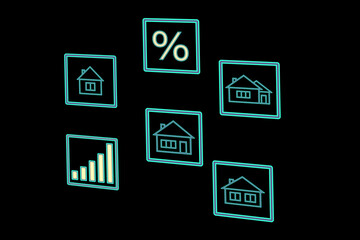 Obraz premium Real estate. Houses and percent sign on black background, illustration