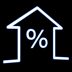 Real estate. House with percent sign on black background, illustration