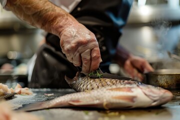 Chef preparing fresh fish on a wooden cutting board, seasonally enhancing flavor with salt while demonstrating culinary skills in a professional kitchen setting