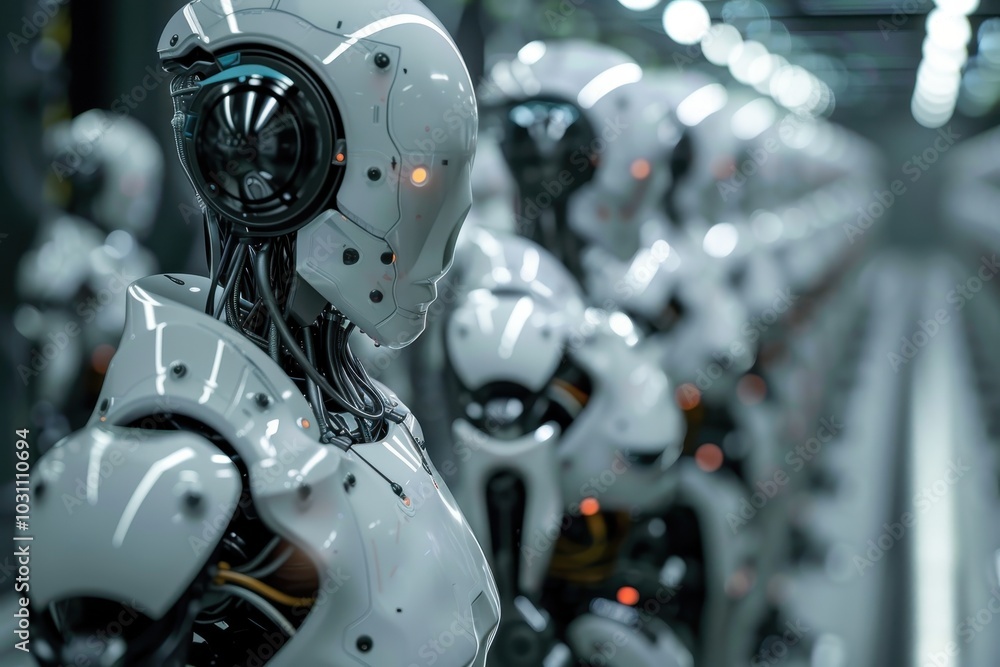 Poster a lineup of robotic prototypes in a technology exhibition showcased during an industry event, highli