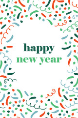 New Year Card explosion of Firecrackers, party Confetti. Greeting card with Fireworks from serpentine and ribbons. Congratulations on Christmas holiday in frame. Place for text. Vector illustration