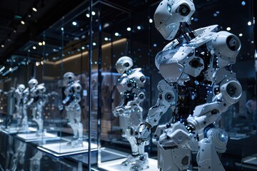 A lineup of robotic prototypes in a technology exhibition showcased during an industry event, highlighting advancements in automation and robotics in 2023
