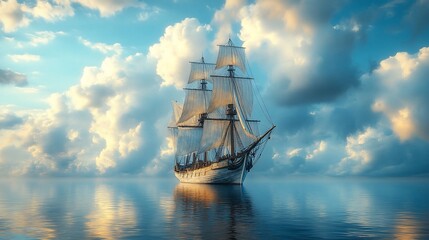 Obraz premium A majestic sailing ship glides through calm waters under a sky filled with clouds.