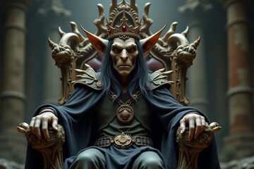 Obraz premium A sinister goblin with a crown, sitting on a bone-adorned throne in a dark room