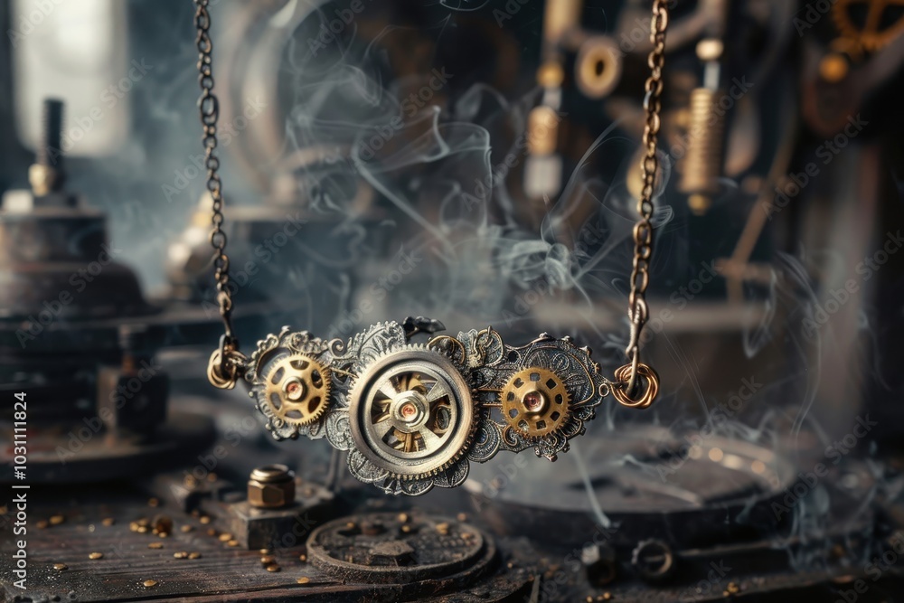 Poster antique pocket watch with intricate gears and steam on a workshop bench, showcasing vintage craftsma