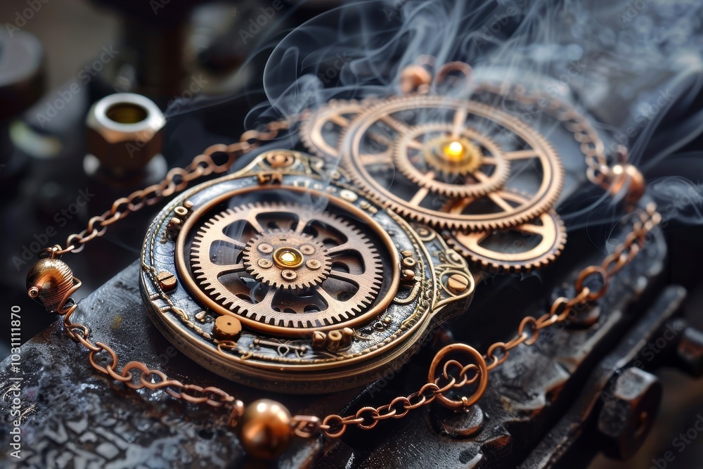 Poster antique pocket watch with intricate gears and steam on a workshop bench, showcasing vintage craftsma