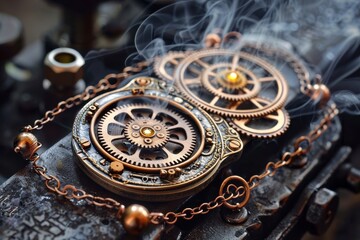 Antique pocket watch with intricate gears and steam on a workshop bench, showcasing vintage craftsmanship and mechanical design in a rustic setting