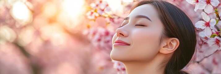 Fototapeta premium Young Asian Woman with Closed Eyes in Blooming Garden, Relaxation and Skincare Concept
