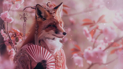 Elegant fox dressed in traditional Japanese attire, holding a decorative fan under cherry blossoms