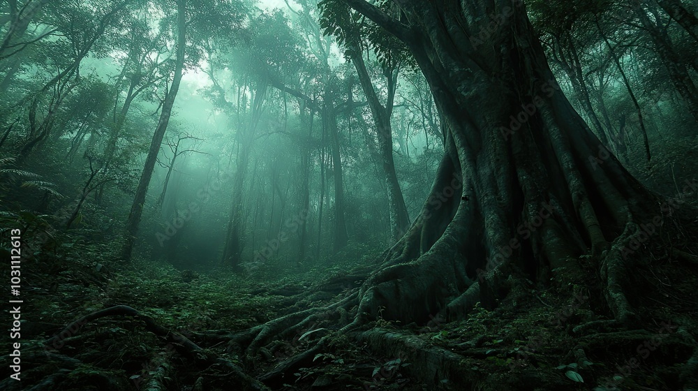 Poster a misty, dark forest with tall trees and an intricate network of roots, creating an eerie and myster