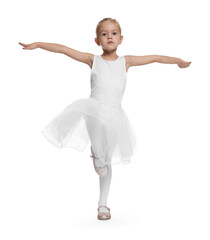 Obraz premium Little girl pretending to be ballerina on white background. Dreaming of future profession