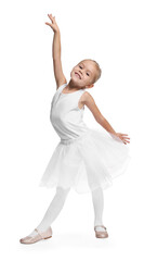 Little girl pretending to be ballerina on white background. Dreaming of future profession