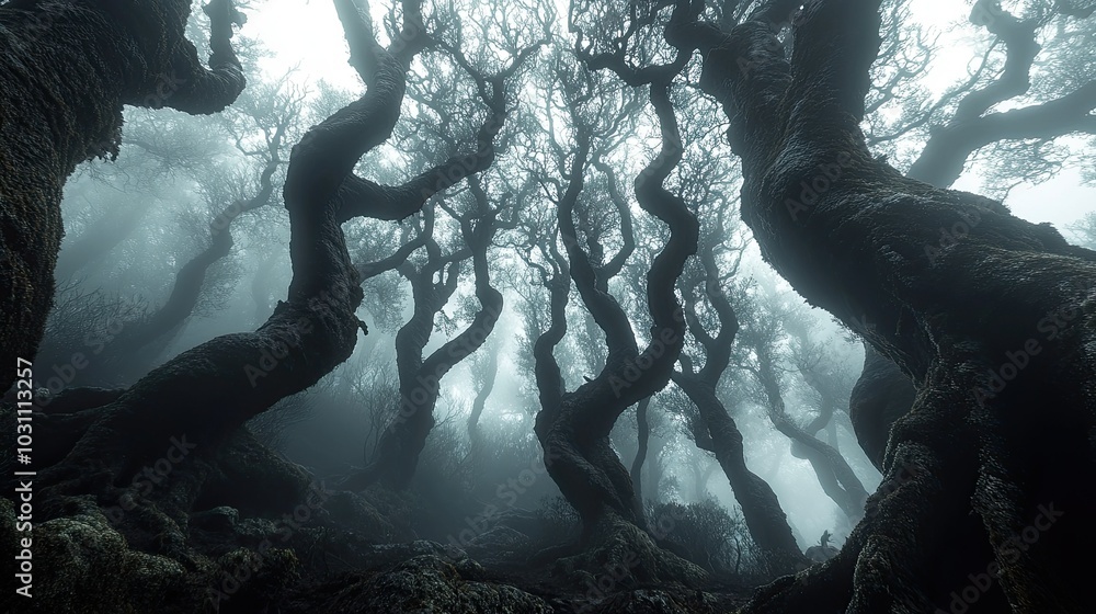 Poster low angle view of twisted trees in a misty forest, creating an eerie atmosphere.