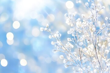 Frost-covered branches glimmer under soft winter sunlight in a serene blue background during a snowy day