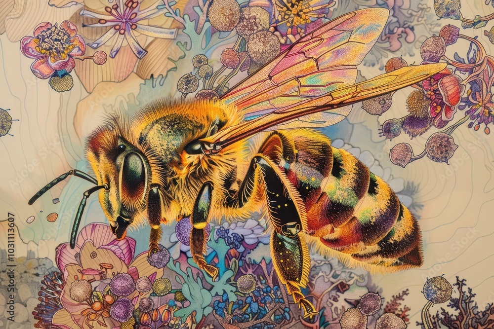 Poster a close-up view of a bee collecting pollen from a delicate blossom on a warm spring day in a vibrant