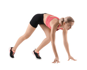 Fototapeta premium Runner in starting position on white background