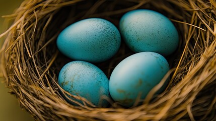 Obraz premium Four light blue bird eggs nestled in a brown woven nest.