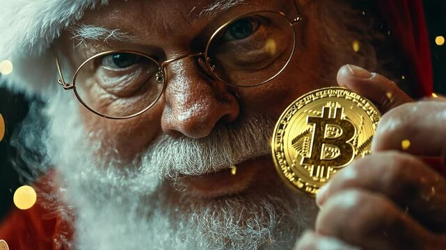 Santa Claus close-up look at us with glasses, holding bitcoin coin in his hand