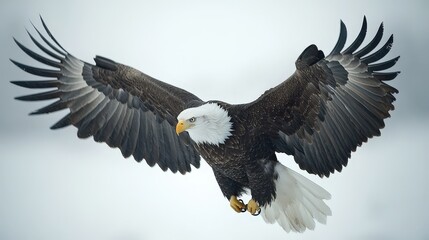 Obraz premium Majestic Bald Eagle Soaring in Hyperealistic Quality on White Background - High Contrast Lighting Studio Image perfect for Product Designers and Photoshop Artists.