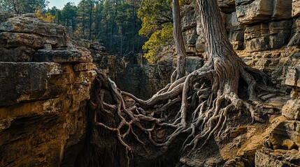 A large tree with exposed roots grows from a rock face in a canyon, showing resilience and strength.