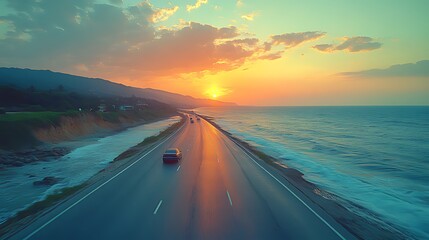Fototapeta premium A scenic highway runs along a coastline with a vibrant sunset in the background.