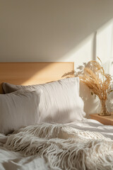A minimalist boho bed with light grey bedding, accented by a fringed white throw and a wooden headboard