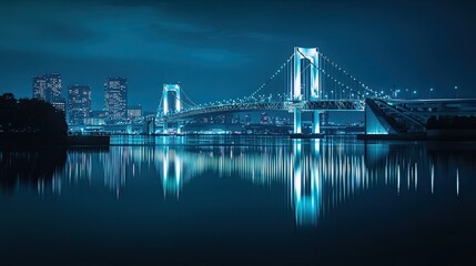 Obraz premium A bridge illuminated with blue lights, reflecting in the water at night.