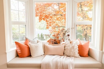 Cozy window seat filled with autumn colors, soft pillows, and a warm blanket in a sunlit room during fall