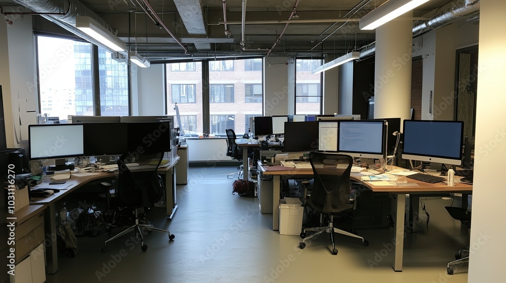 Poster a modern office space with several desks and computers, with large windows overlooking a cityscape.