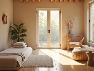 Fototapeta premium Sunlight illuminating modern, minimalist bedroom with houseplant