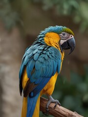 Obraz premium Beautiful blue and yellow macaw parrot close-up. Generated with AI.